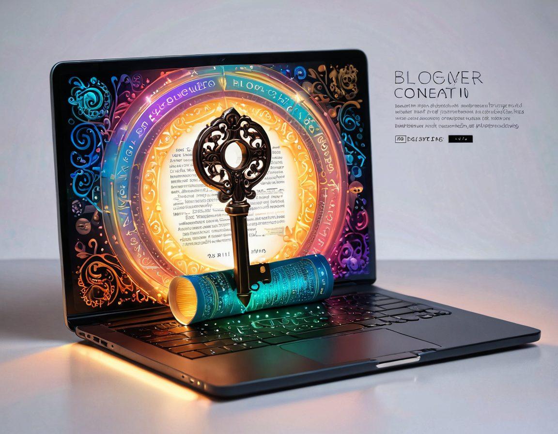 A glowing key unlocking an ornate book, surrounded by swirling digital words and symbols, signifying the power of content creation. The background features a laptop with vibrant, colorful blog posts emerging from the screen. Soft lighting enhances a sense of discovery and creativity. super-realistic. vibrant colors. white background.