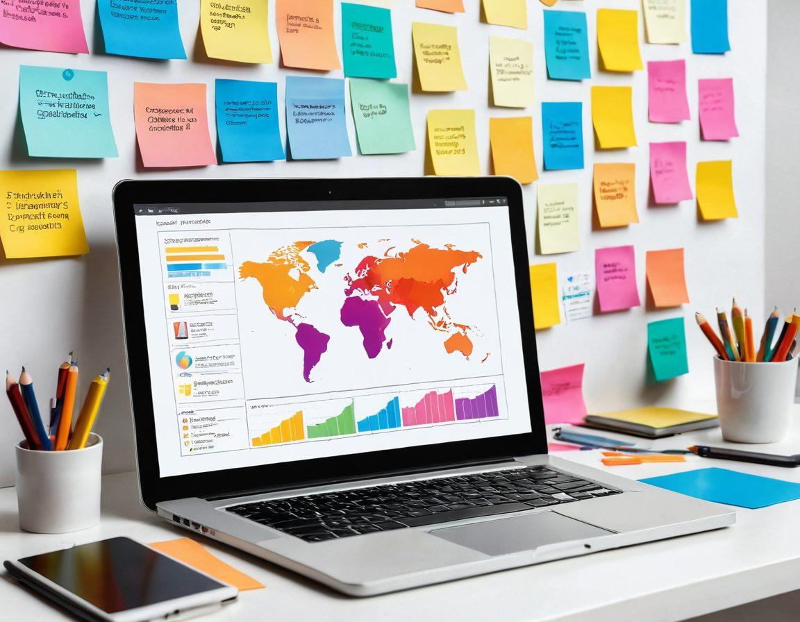 A visually engaging workspace filled with colorful sticky notes and brainstorming elements, showcasing diverse digital devices like laptops and tablets displaying insightful graphs and statistics. Include ethereal visuals of global audience engagement, such as digital avatars or social media icons connecting. Bright, engaging colors to evoke creativity and strategy. vector art. vibrant colors. white background.